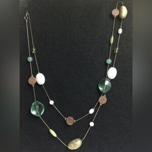 Unknown name small gold chain necklace with wood and acrylic beads.  21”